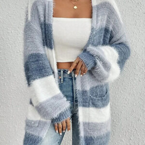 Multicolor Casual Women's Colorblock Drop Shoulder Fluffy Knit Duster Cardigan